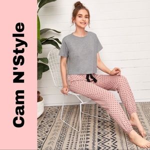 New Gray Tee & Pink Polka Dot Pants Pajama Set